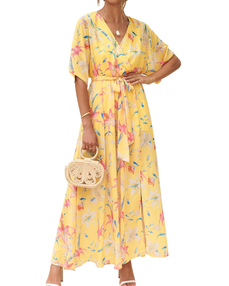 Rodelyn Damen Maxikleid – V-Ausschnitt Wickeloptik, 3/4-Arm Kimono & Eleganter Boho-Schlitz