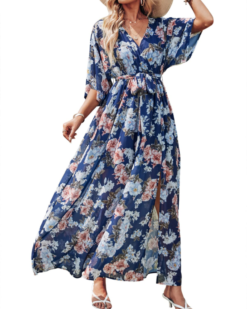 Rodelyn Damen Maxikleid – V-Ausschnitt Wickeloptik, 3/4-Arm Kimono & Eleganter Boho-Schlitz