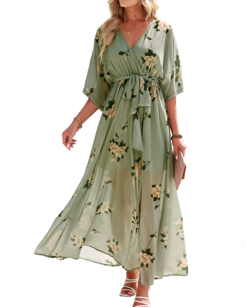 Rodelyn Damen Maxikleid – V-Ausschnitt Wickeloptik, 3/4-Arm Kimono & Eleganter Boho-Schlitz