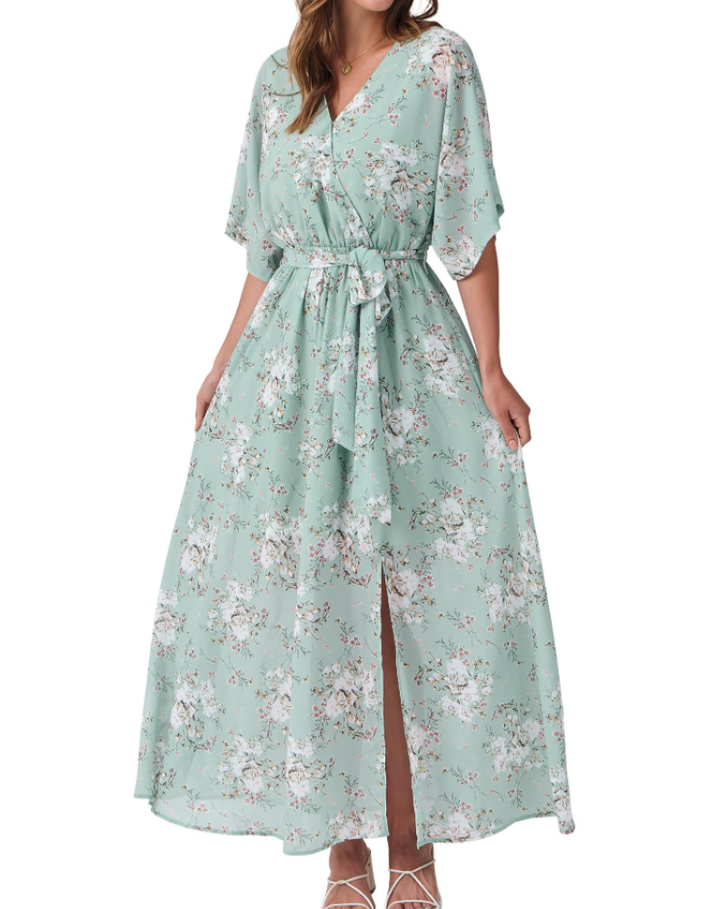Rodelyn Damen Maxikleid – V-Ausschnitt Wickeloptik, 3/4-Arm Kimono & Eleganter Boho-Schlitz