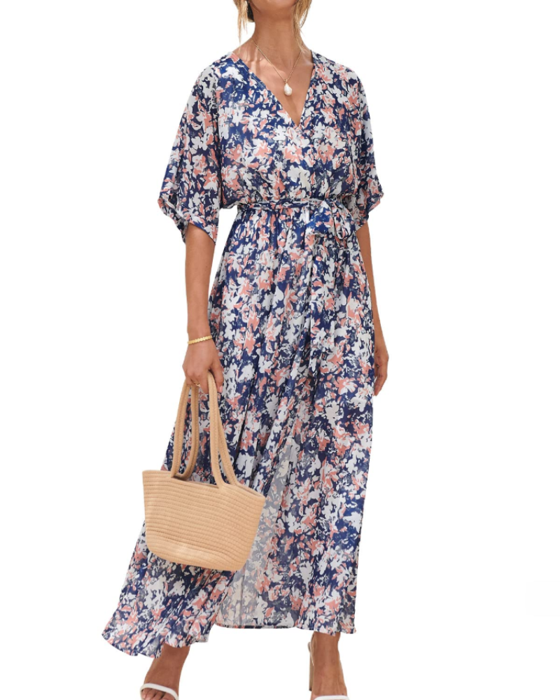 Rodelyn Damen Maxikleid – V-Ausschnitt Wickeloptik, 3/4-Arm Kimono & Eleganter Boho-Schlitz