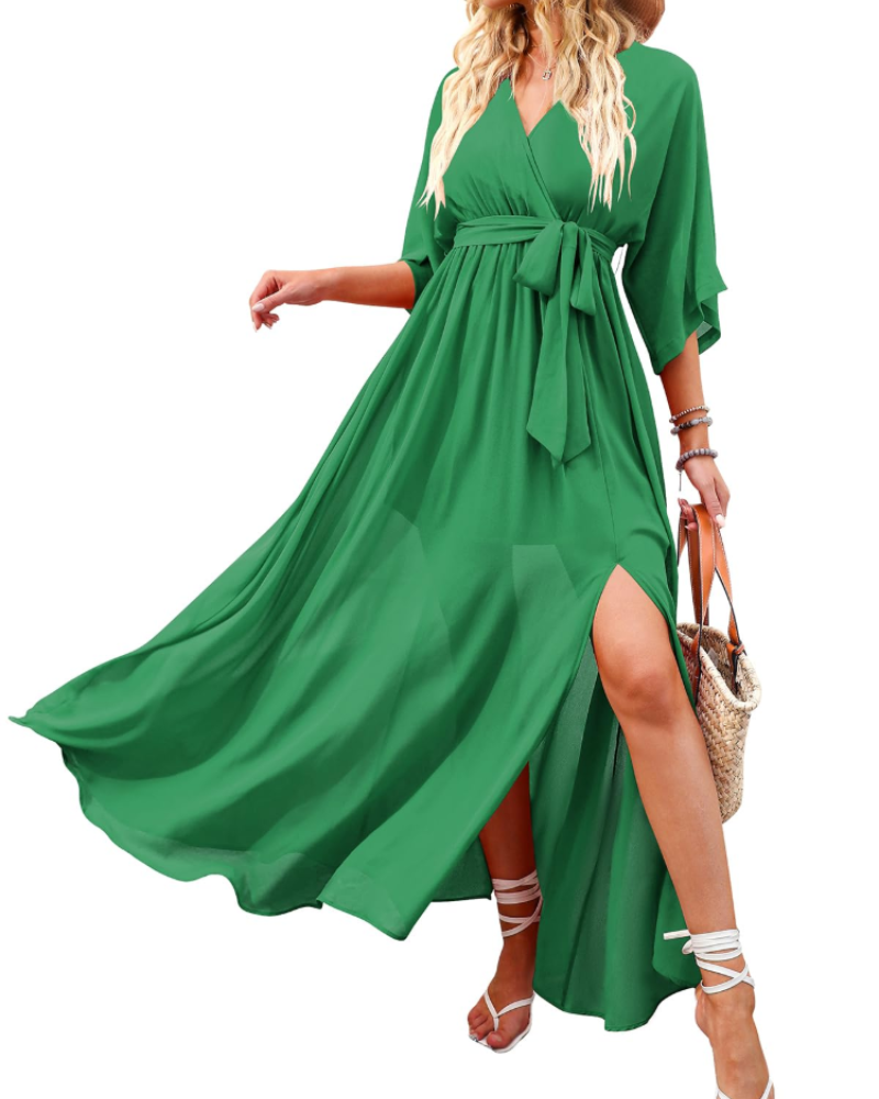 Rodelyn Damen Maxikleid – V-Ausschnitt Wickeloptik, 3/4-Arm Kimono & Eleganter Boho-Schlitz