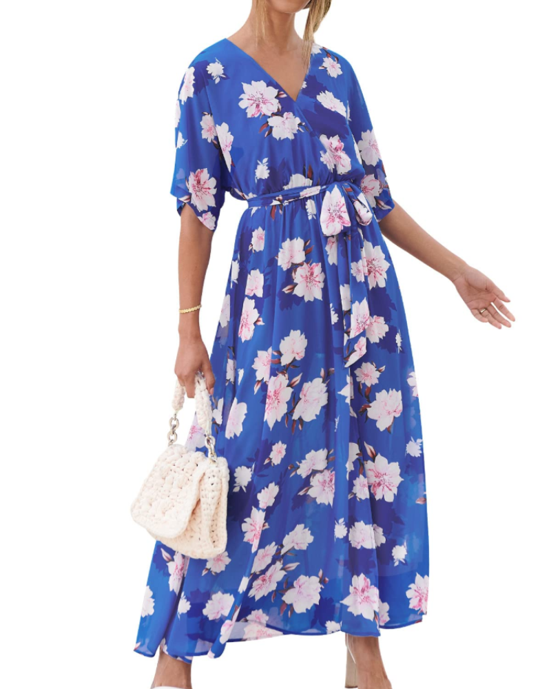 Rodelyn Damen Maxikleid – V-Ausschnitt Wickeloptik, 3/4-Arm Kimono & Eleganter Boho-Schlitz