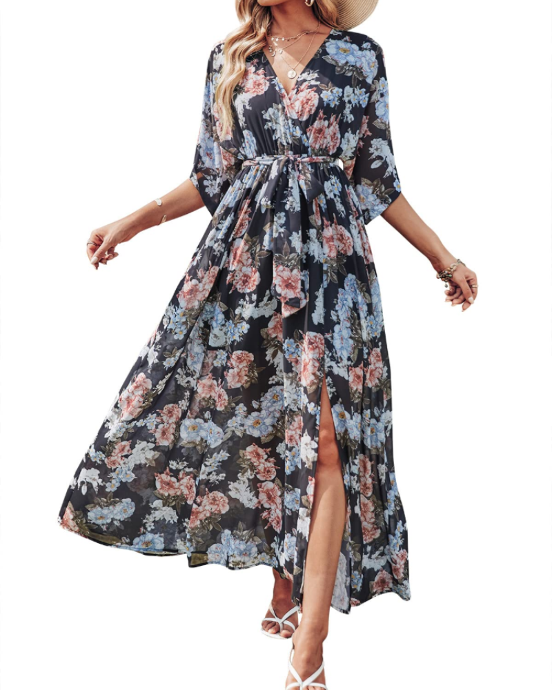 Rodelyn Damen Maxikleid – V-Ausschnitt Wickeloptik, 3/4-Arm Kimono & Eleganter Boho-Schlitz