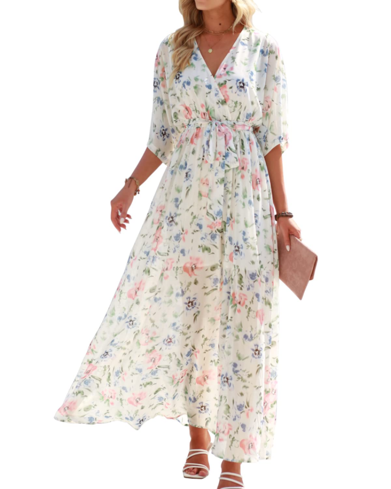 Rodelyn Damen Maxikleid – V-Ausschnitt Wickeloptik, 3/4-Arm Kimono & Eleganter Boho-Schlitz