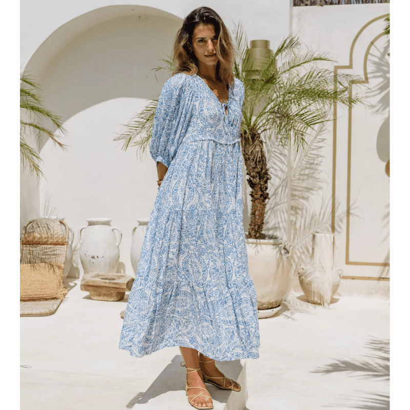 Rosina Robe Longue Looksy – Imprimé Bohème Abstrait & Coupe Fluide à Étages