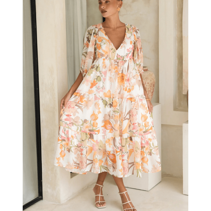 Runa Robe Mi-Longue Looksy – Blomstret Print & Let Sommer Puffede Ærmer