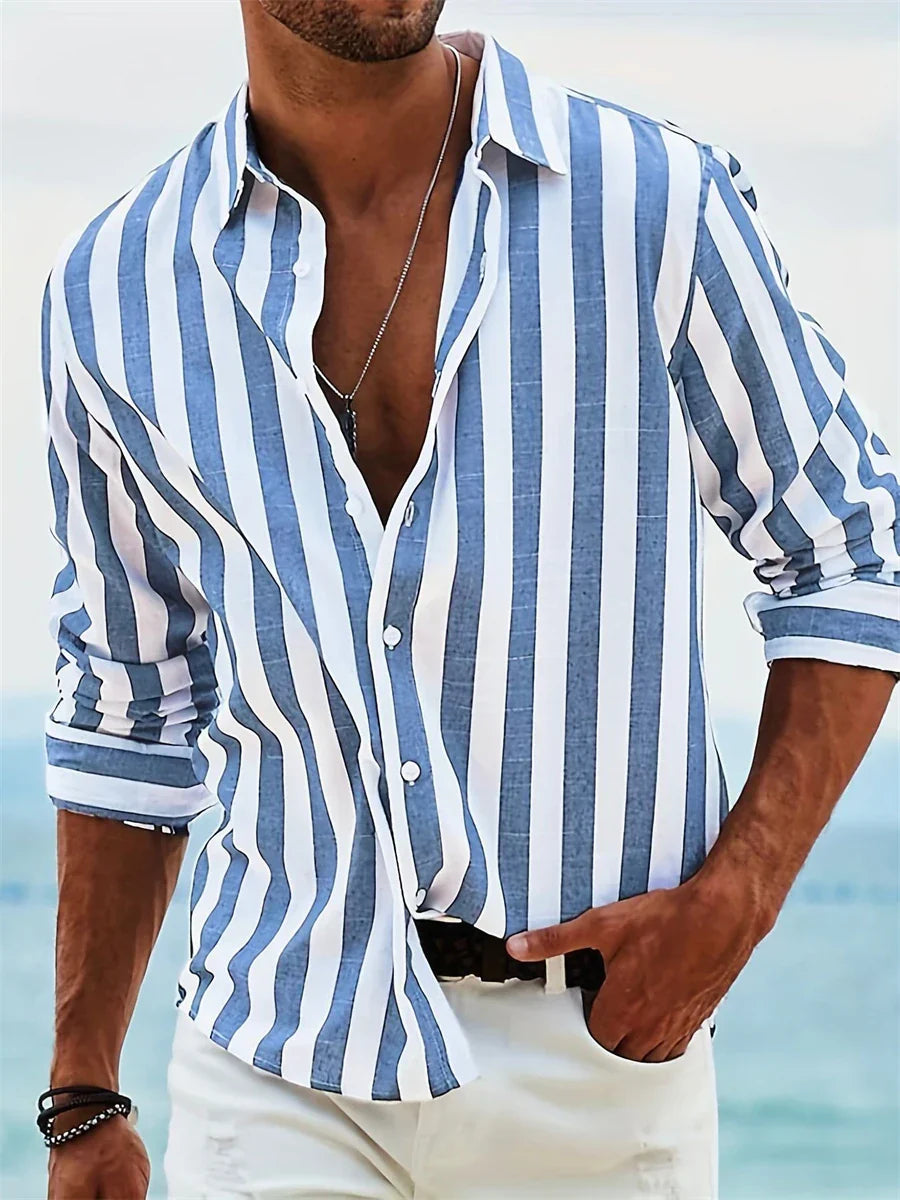 James Chemise d’Été Homme – Chemise Rayée Bleu Clair en Lin Mélangé avec Coton & Coupe Décontractée