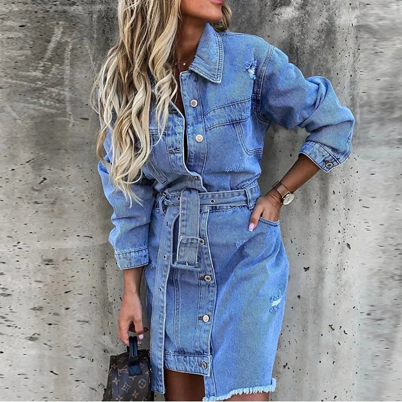 Reyhan Robe en Jean Femme – Robe en Denim mit langen Ärmeln, bequem & vielseitig