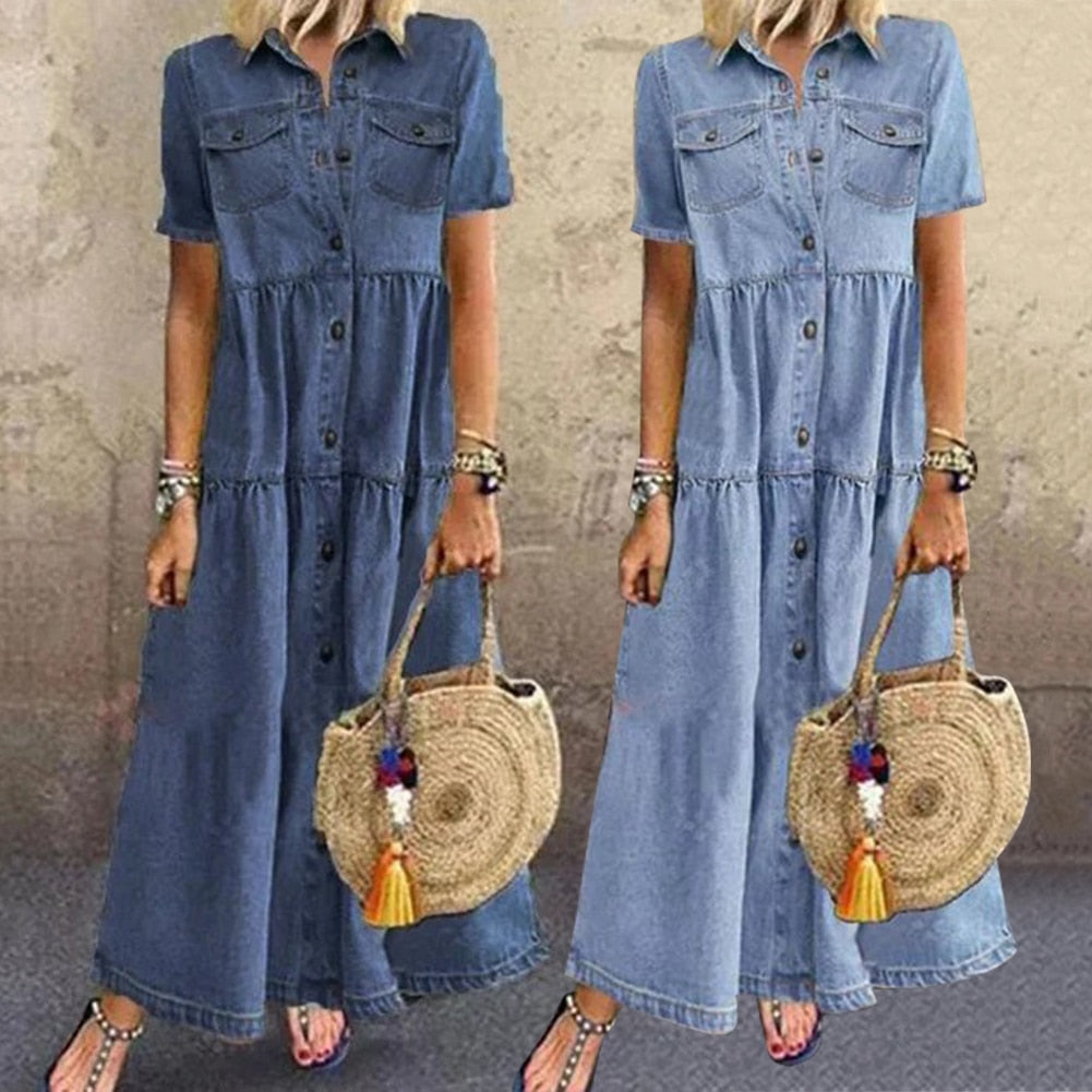 Robe en Jean Femme Rebecca – Robe en Denim Confortable à Volants avec Effet Gainant & Look Luxueux