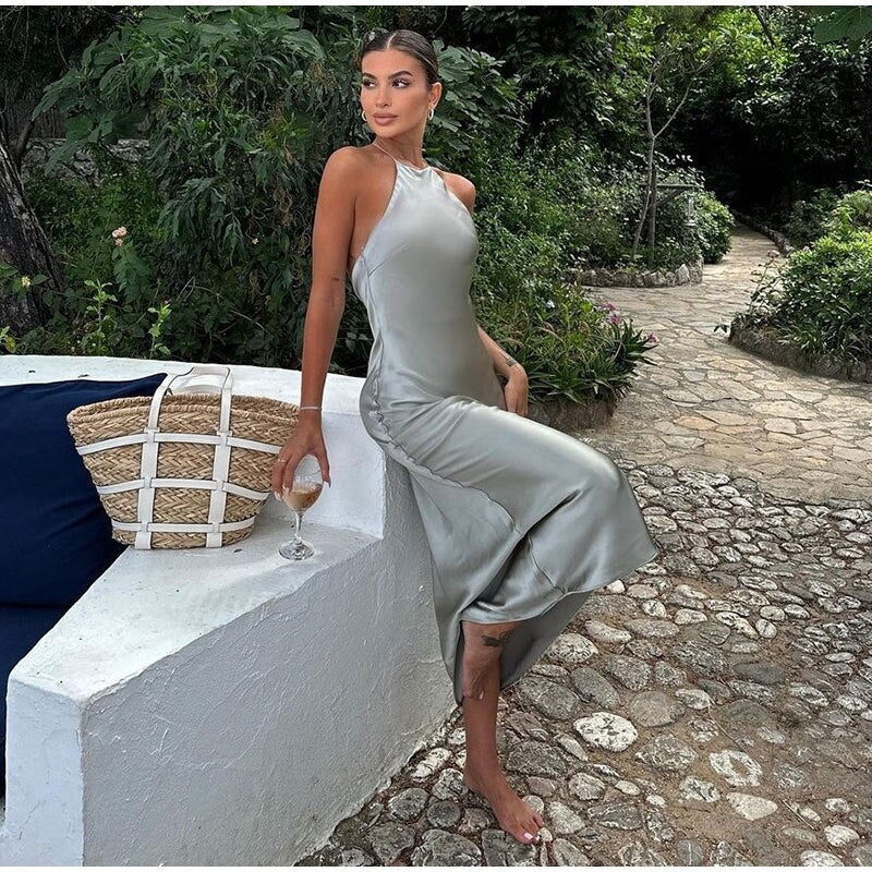 Długa sukienka damska Géraldine – sukienka maxi bez rękawów z eleganckim odkrytym tyłem na szykowne lato