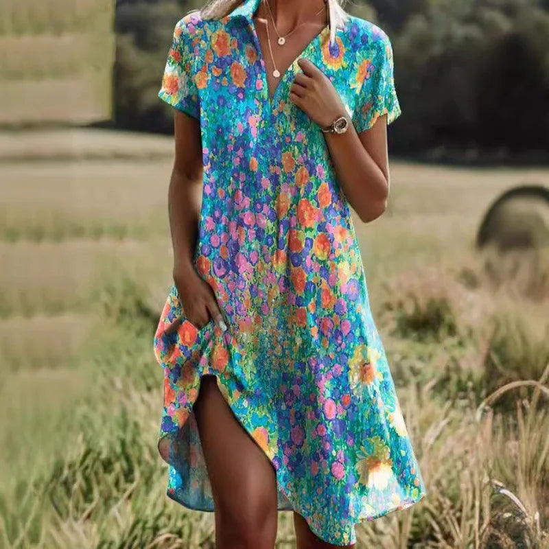 Jeanne Kjole Dame – Elegant kjole med V-hals og knapper, flatterende pasform & tidløst blomsterprint