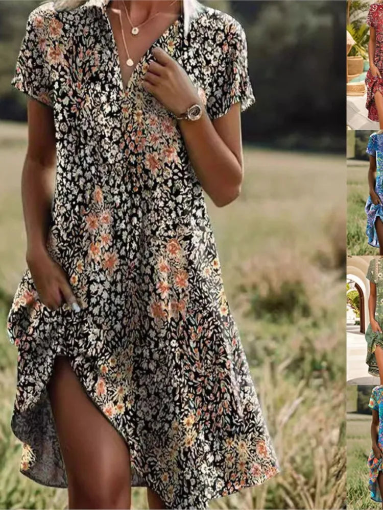 Jeanne Kjole Dame – Elegant kjole med V-hals og knapper, flatterende pasform & tidløst blomsterprint