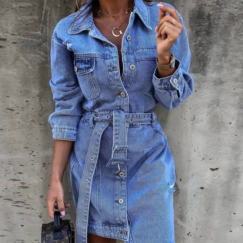 Reyhan Robe en Jean Mujer – Robe en Denim de Mangas Largas, Cómoda y Polivalente