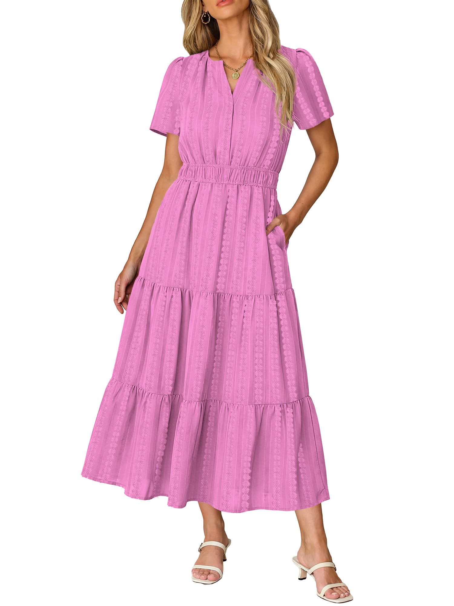 Ruma Damesjurk – V-hals, Korte Mouwen, A-lijn Maxi & Elastische Taille met Zakjes