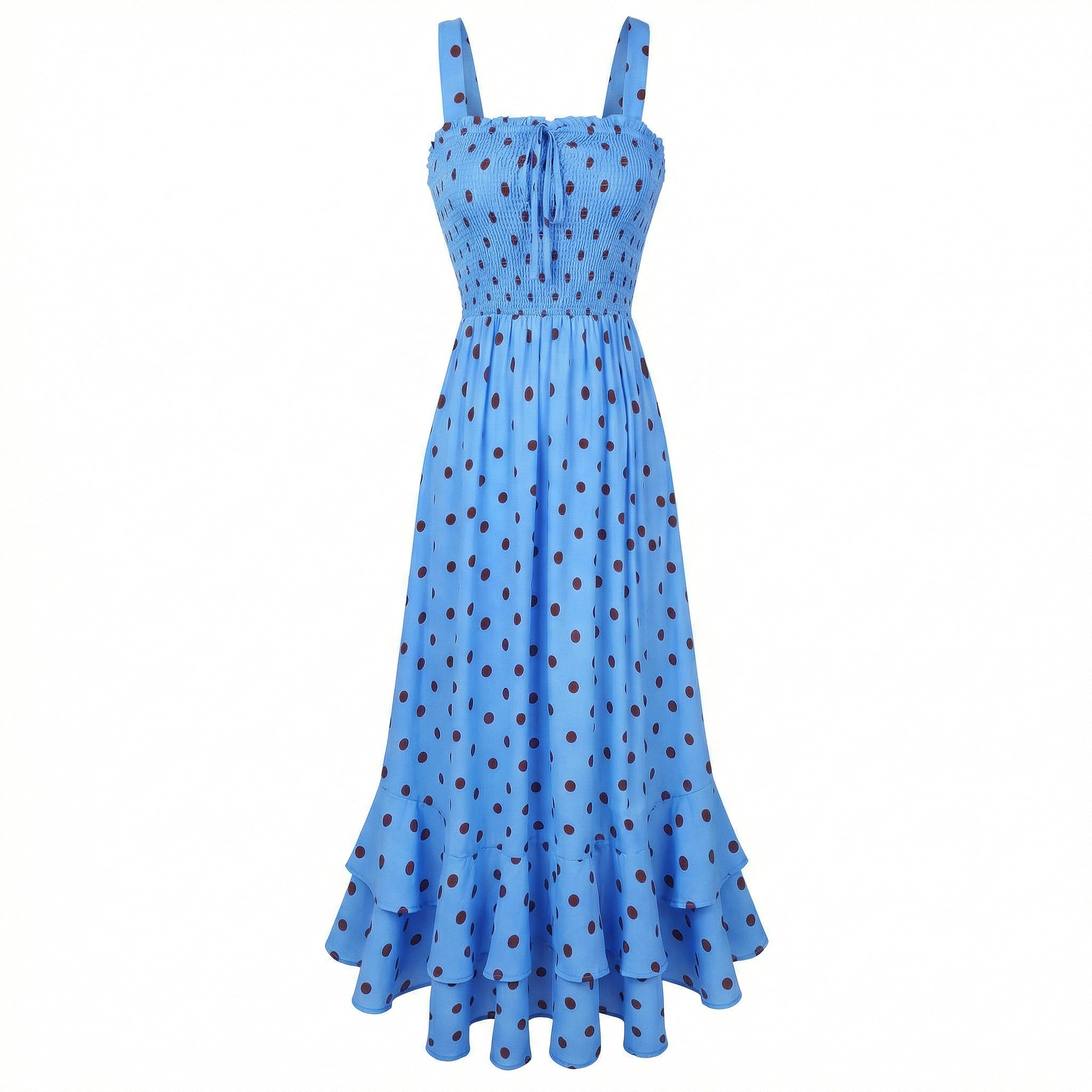 Mildred Women's Maxi Dress – Square Neck, Straps, Smocked A-Line Cut & Ruffled Hem Summer