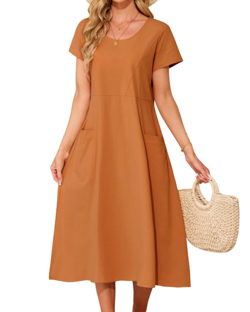 Sussie Maxikleid Damen Baumwolle – Sommerkleid mit Rundhalsausschnitt, weiter Schnitt & bequemen Taschen