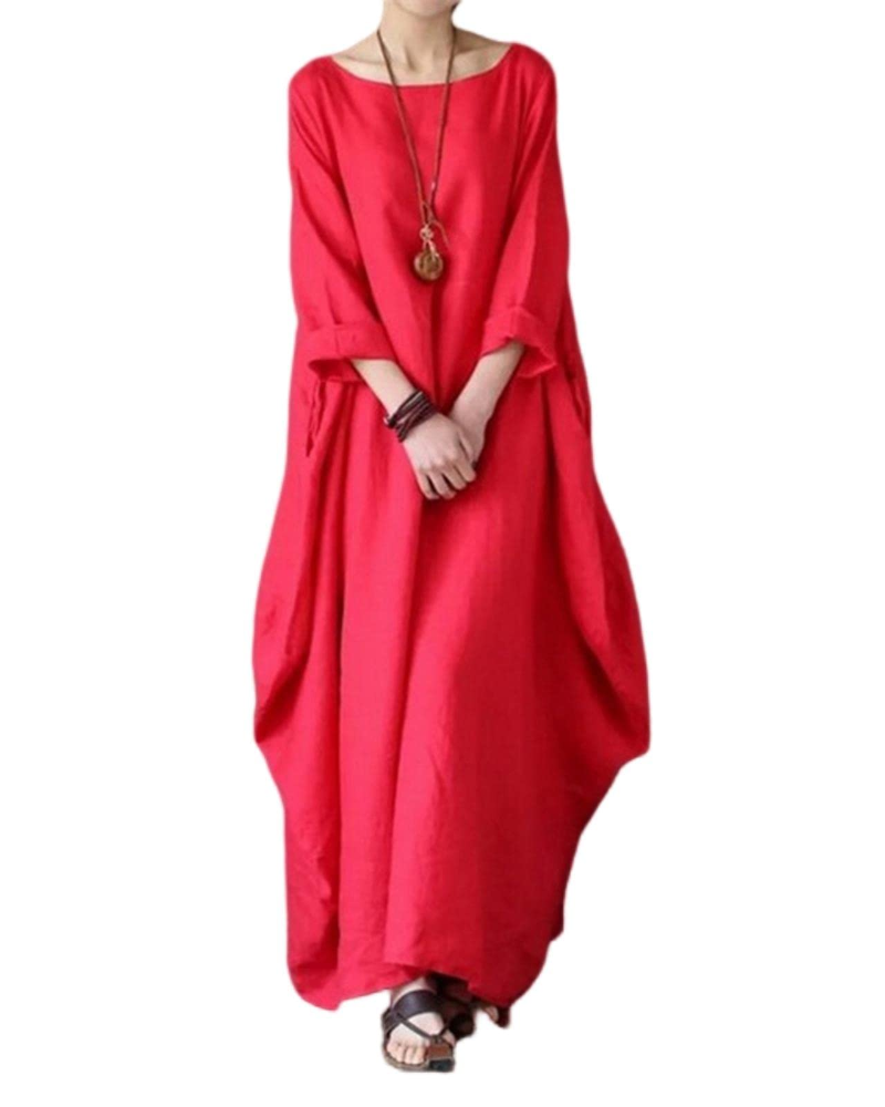 Duga pješčana haljina za žene – maxi haljina od pamuka i lana, širokog kroja, okruglog izreza, elegantne 3/4 rukave