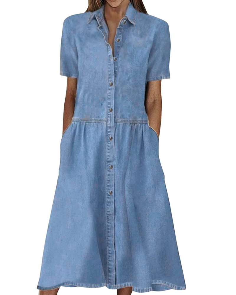 Monette Women's Dress – Mid-Length Button-Down Denim Dress with Shirt Collar & Casual Chic Pockets