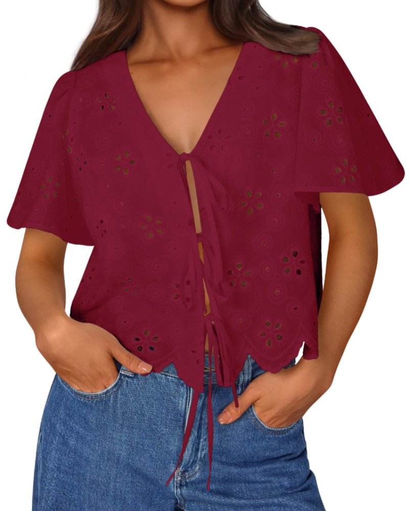 Liora Top Femme Été – Boemska pamučna bluza s engleskom vezom i mašnom, šik stil za plažu