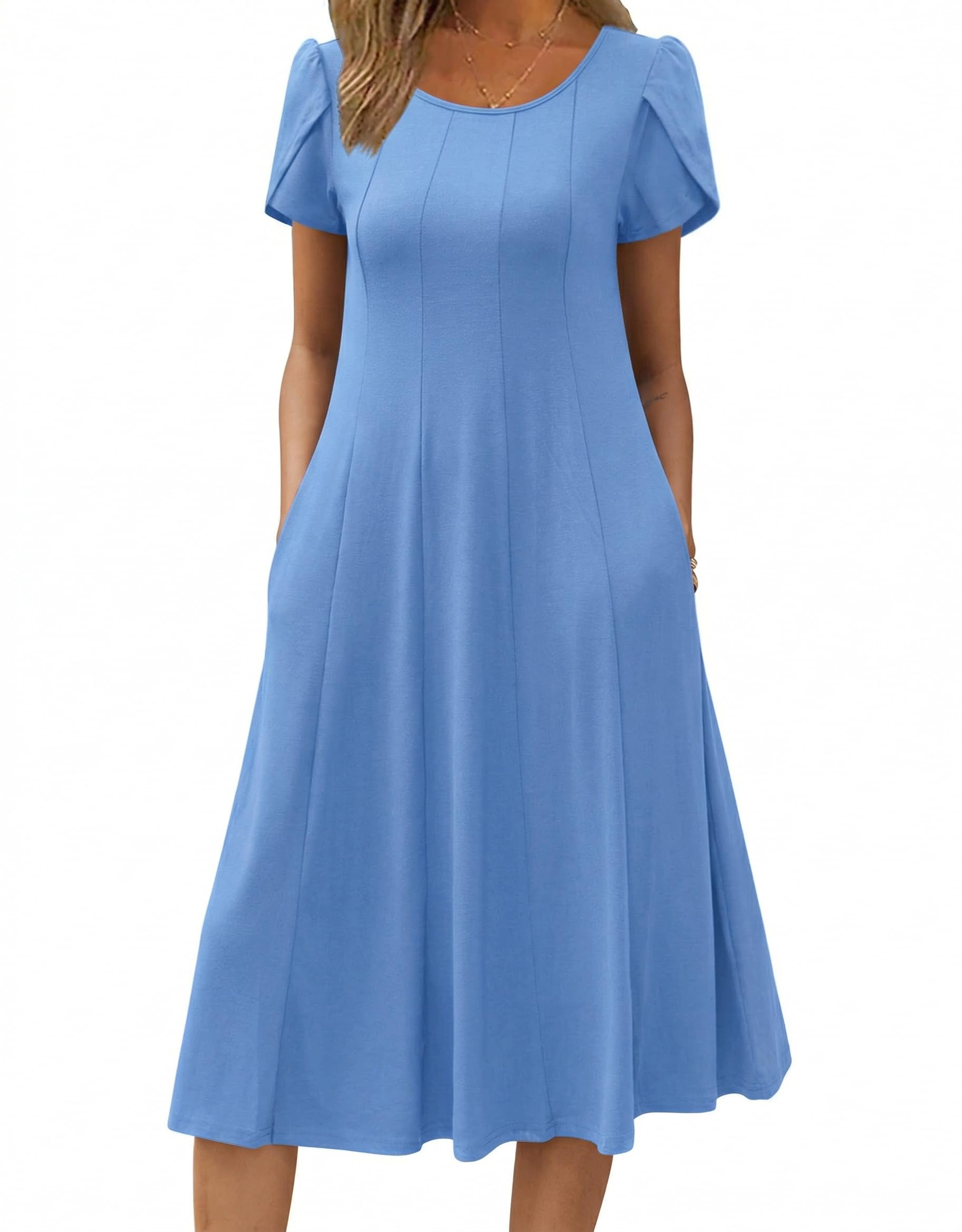 Wella Robe Femme – Rochie de vară cu guler rotund, mâneci scurte, croială evazată midi și buzunare