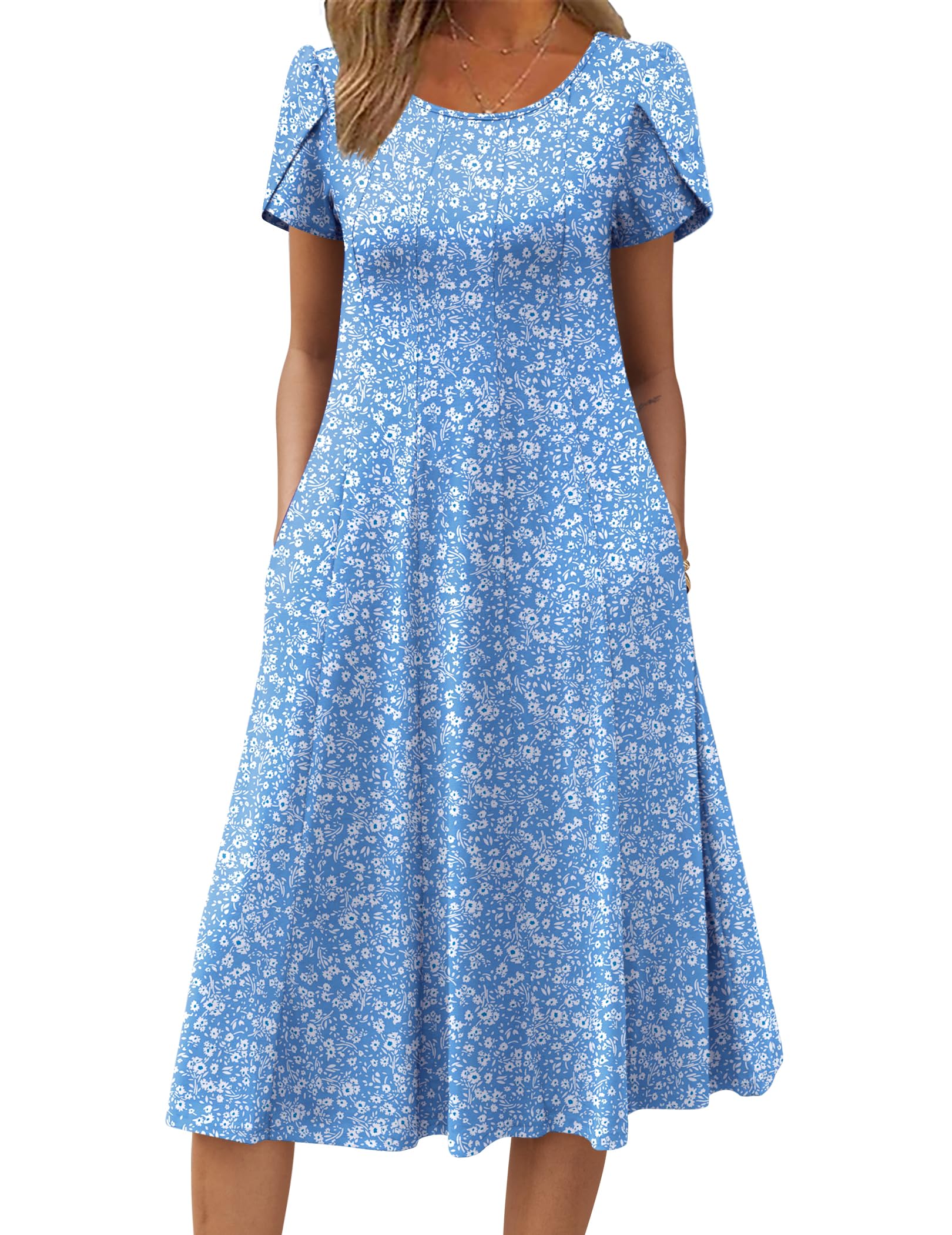 Wella Robe Femme – Rochie de vară cu guler rotund, mâneci scurte, croială evazată midi și buzunare