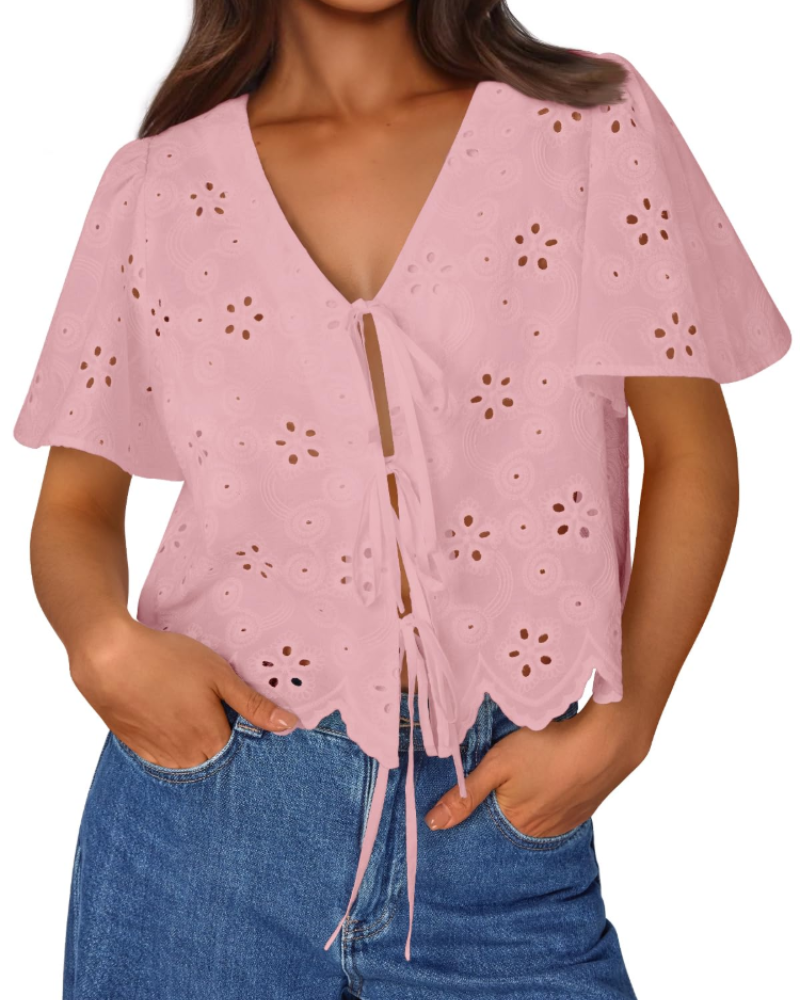 Liora Top Femme Été – Boemska pamučna bluza s engleskom vezom i mašnom, šik stil za plažu