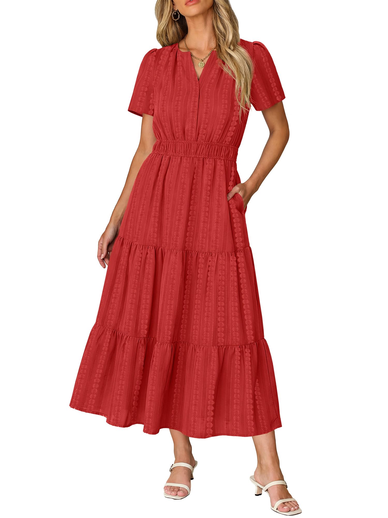 Ruma Damesjurk – V-hals, Korte Mouwen, A-lijn Maxi & Elastische Taille met Zakjes