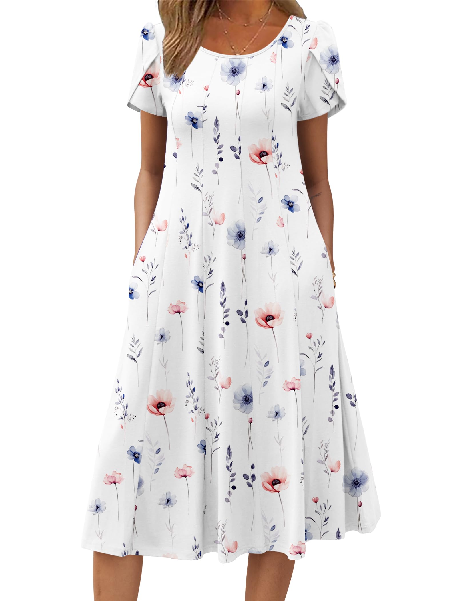 Wella Robe Femme – Rochie de vară cu guler rotund, mâneci scurte, croială evazată midi și buzunare