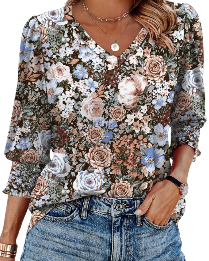 Blusa Veda Donna – Top con Scollo a V, Maniche 3/4 Sbuffanti e Polsini Arricciati Chic