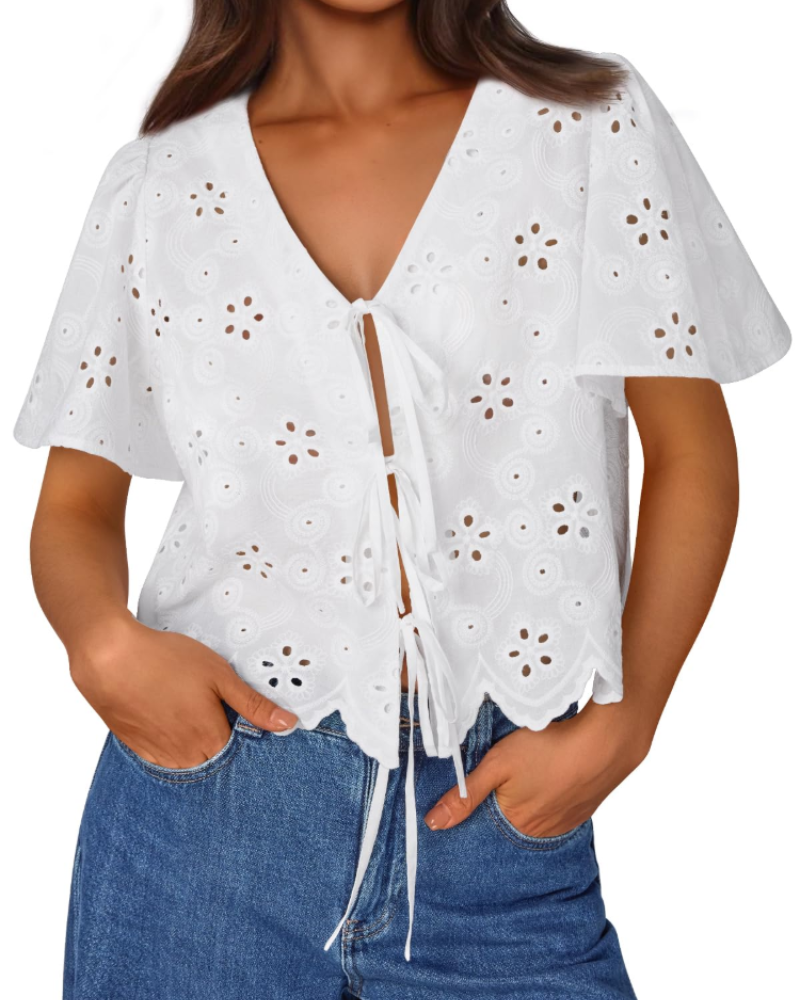 Liora Top Femme Été – Boemska pamučna bluza s engleskom vezom i mašnom, šik stil za plažu