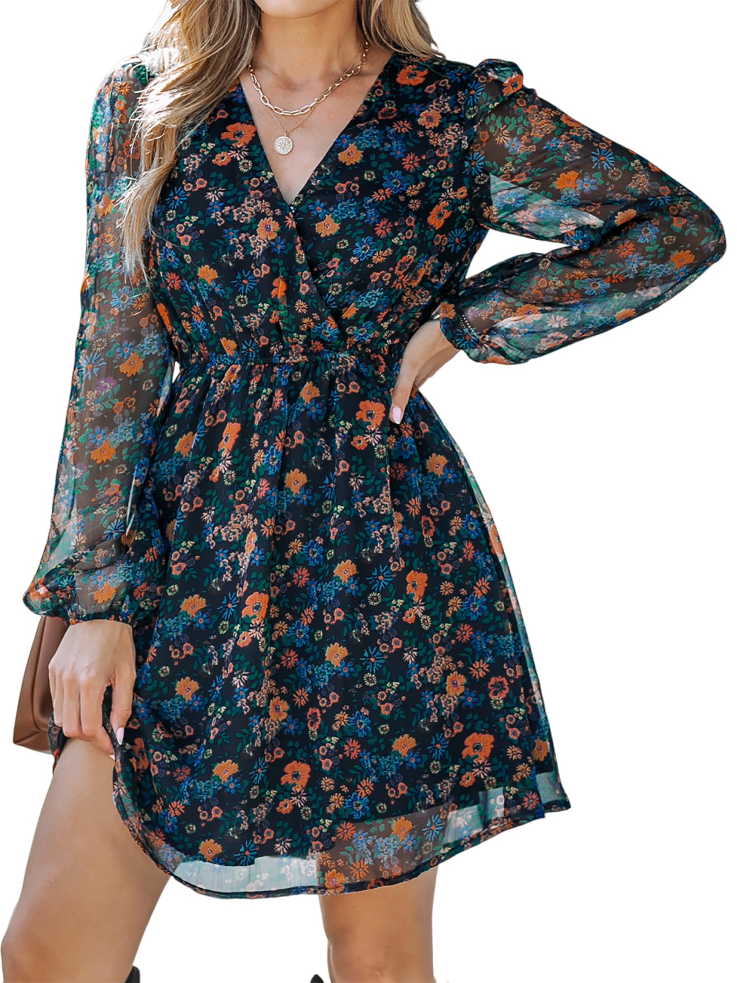 Nerina Robe Cupshe Dame – V-hals Cache-Cœur Blomstret, Lange Ærmer & Elegant Mini Skæring