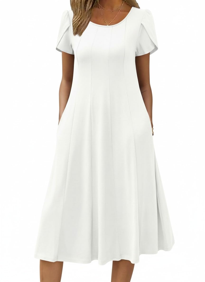 Wella Robe Femme – Rochie de vară cu guler rotund, mâneci scurte, croială evazată midi și buzunare