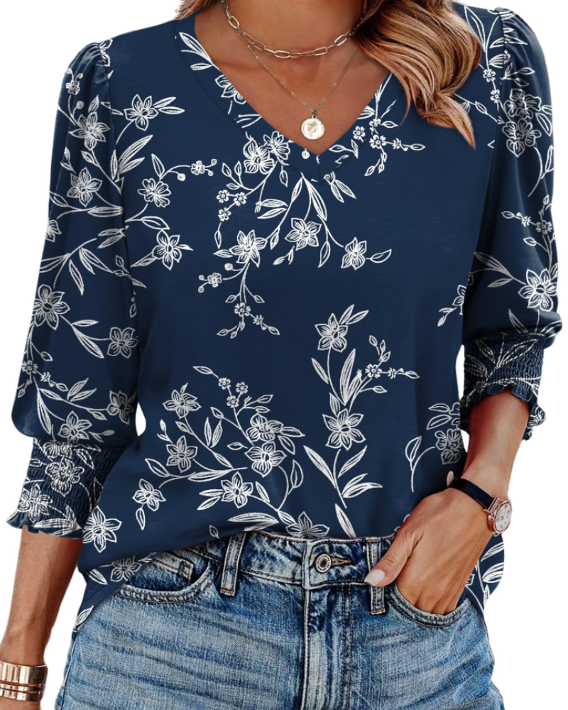 Blusa Veda Donna – Top con Scollo a V, Maniche 3/4 Sbuffanti e Polsini Arricciati Chic