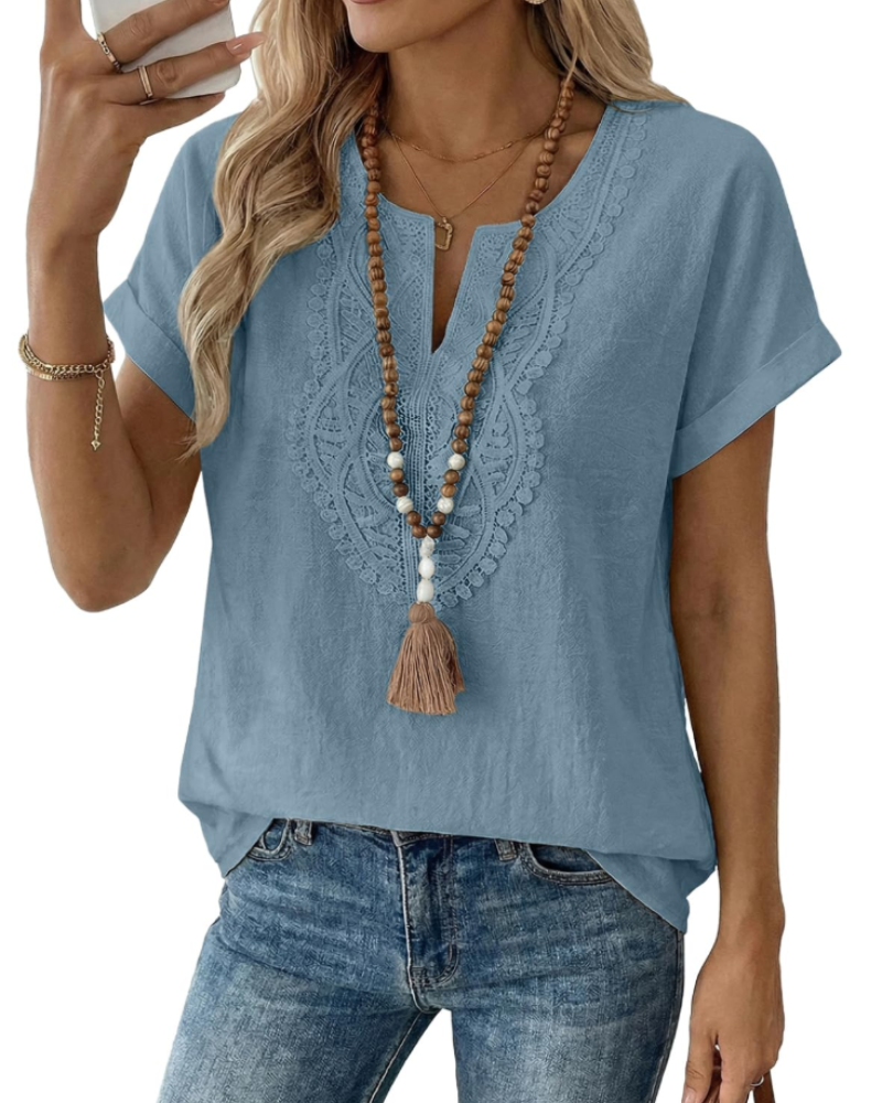 Aelina Bluse Dame – Boheme Top med V-hals, Blonder og Elegant Løs Pasform