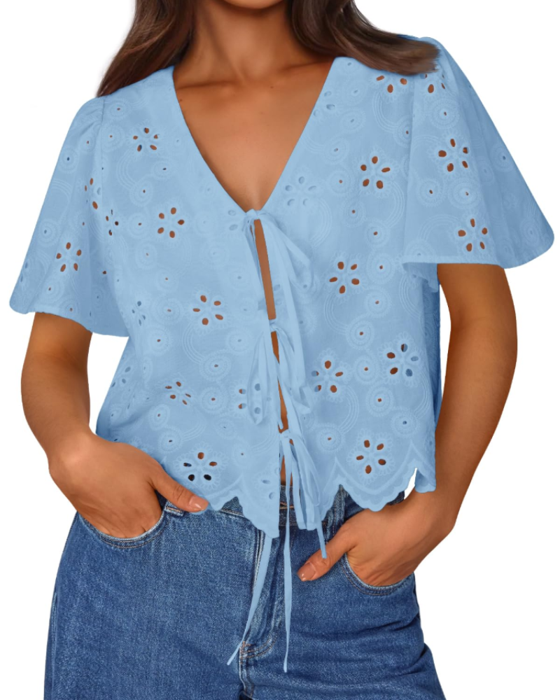 Liora Top Femme Été – Boemska pamučna bluza s engleskom vezom i mašnom, šik stil za plažu