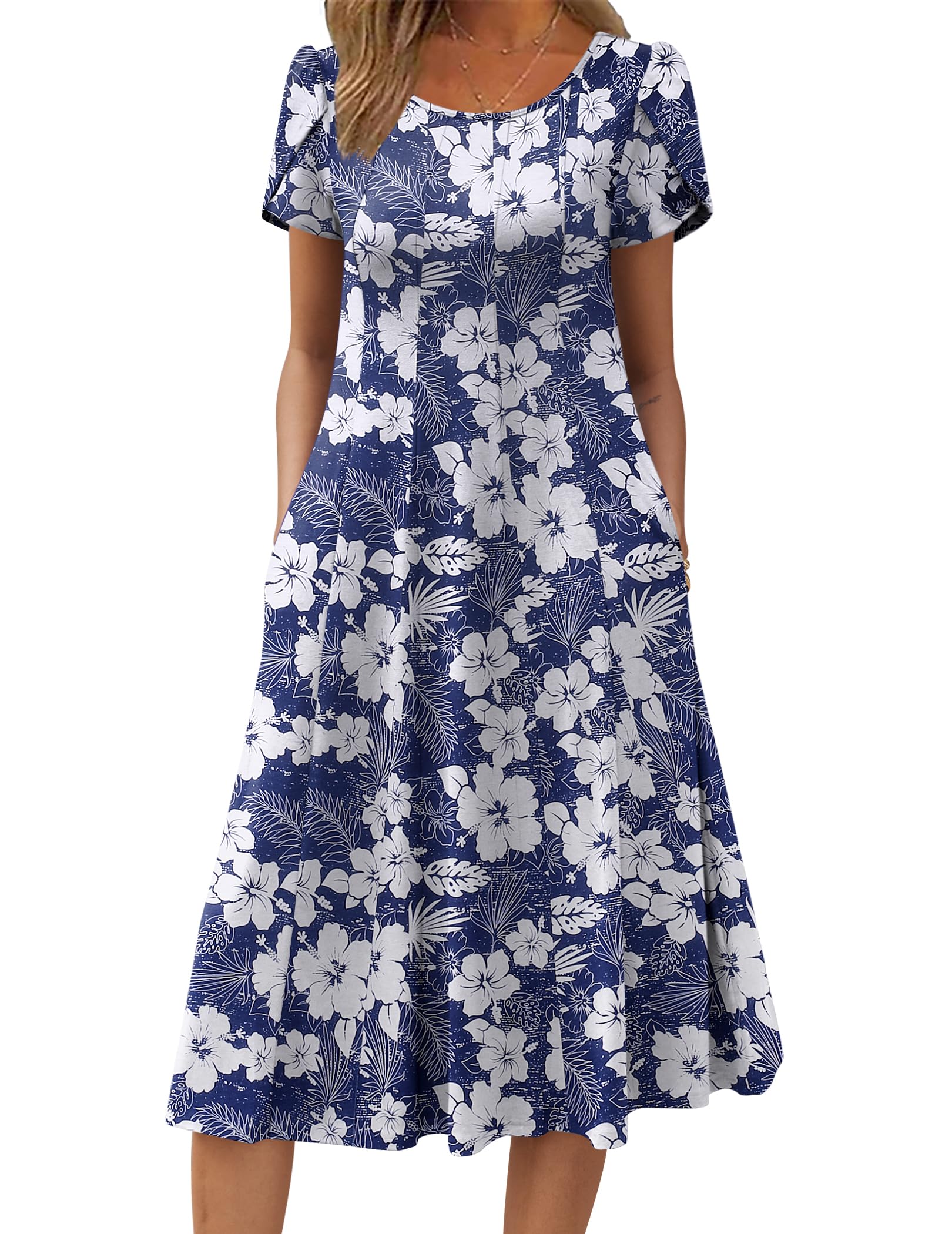 Wella Robe Femme – Rochie de vară cu guler rotund, mâneci scurte, croială evazată midi și buzunare