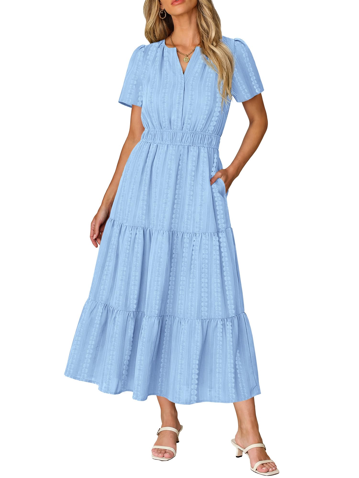 Ruma Damesjurk – V-hals, Korte Mouwen, A-lijn Maxi & Elastische Taille met Zakjes