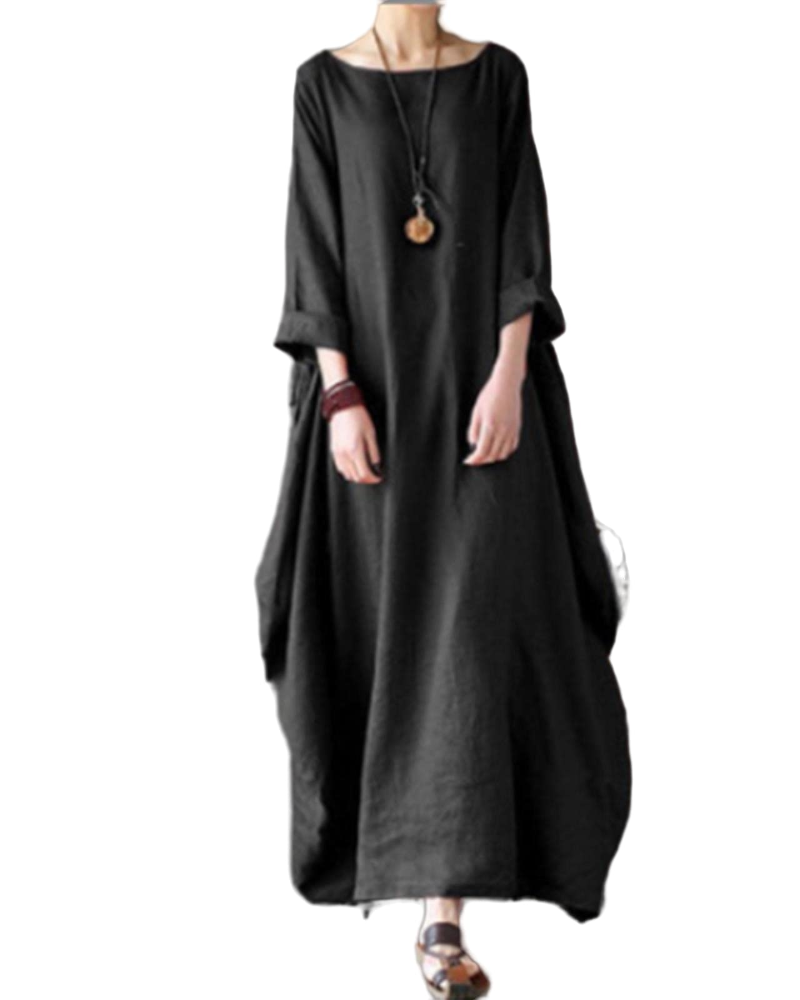 Duga pješčana haljina za žene – maxi haljina od pamuka i lana, širokog kroja, okruglog izreza, elegantne 3/4 rukave