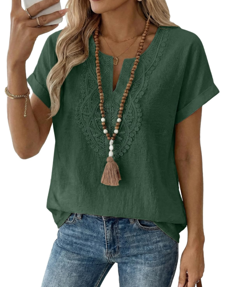 Aelina Bluse Dame – Boheme Top med V-hals, Blonder og Elegant Løs Pasform