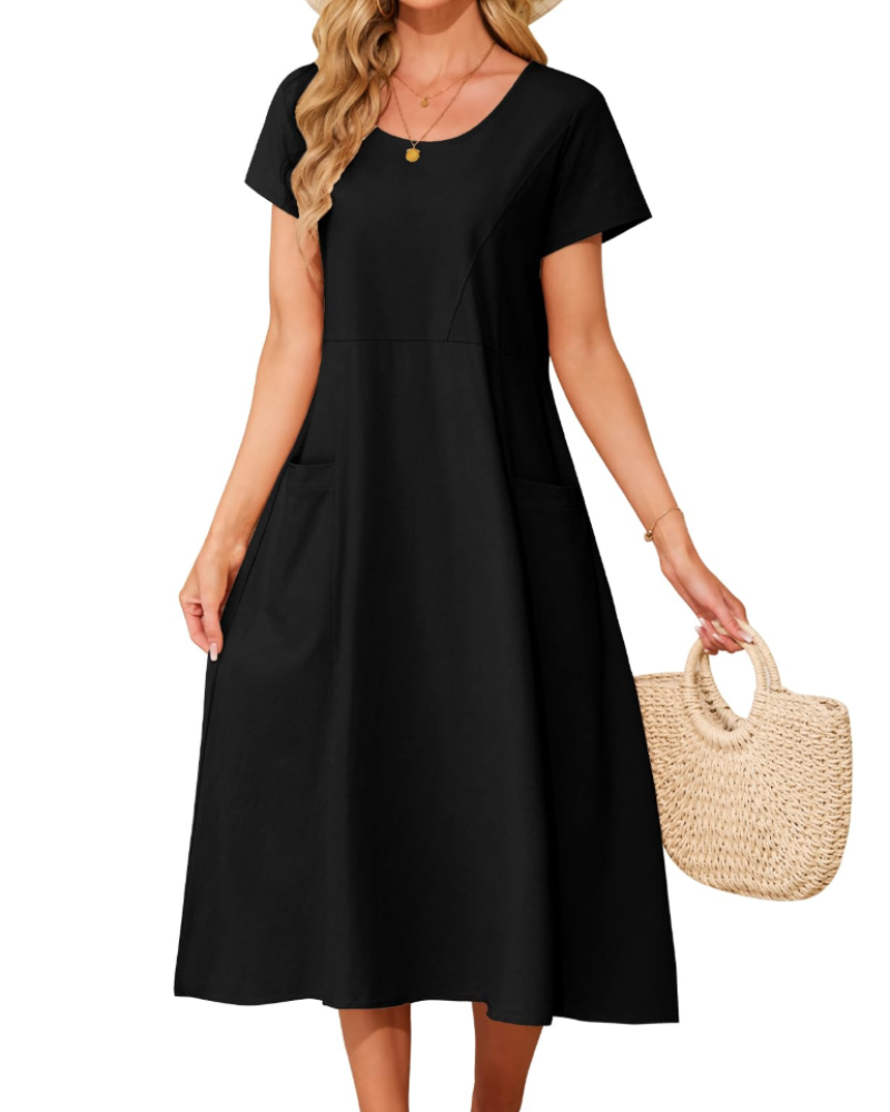 Sussie Maxikleid Damen Baumwolle – Sommerkleid mit Rundhalsausschnitt, weiter Schnitt & bequemen Taschen