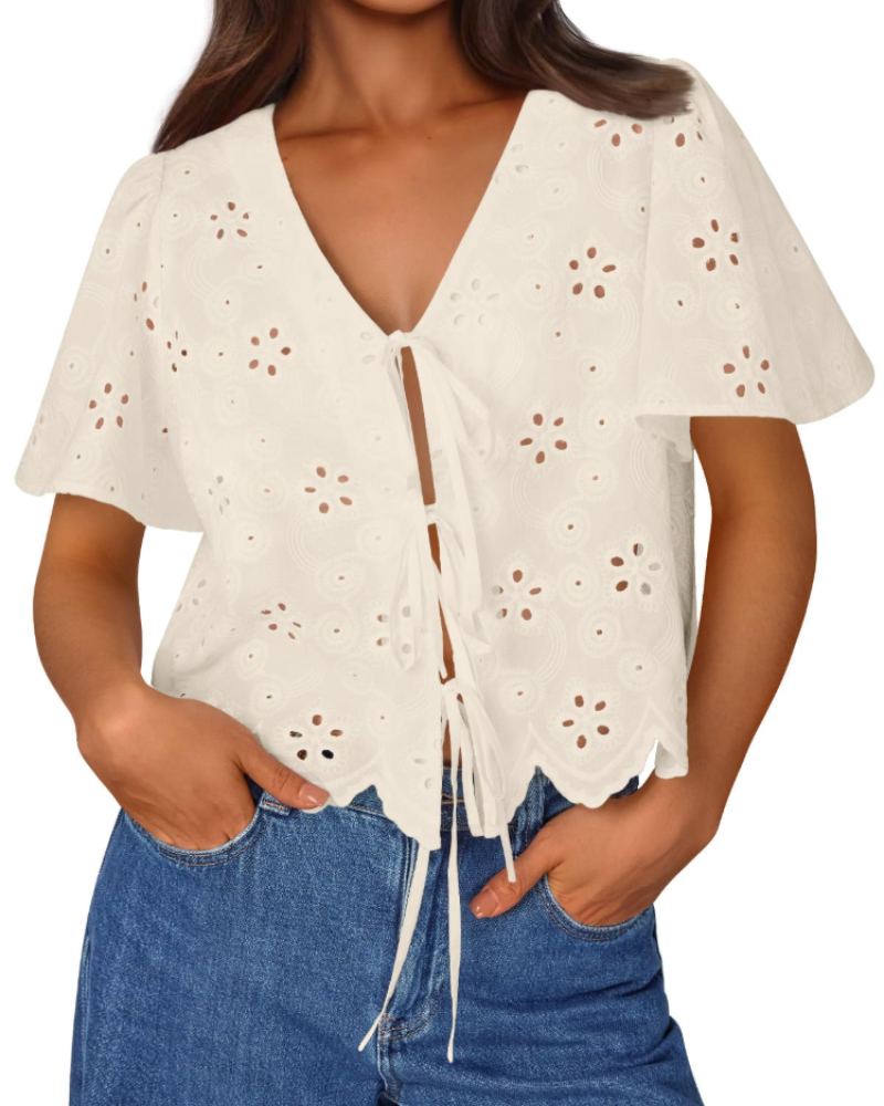 Liora Top Femme Été – Boemska pamučna bluza s engleskom vezom i mašnom, šik stil za plažu