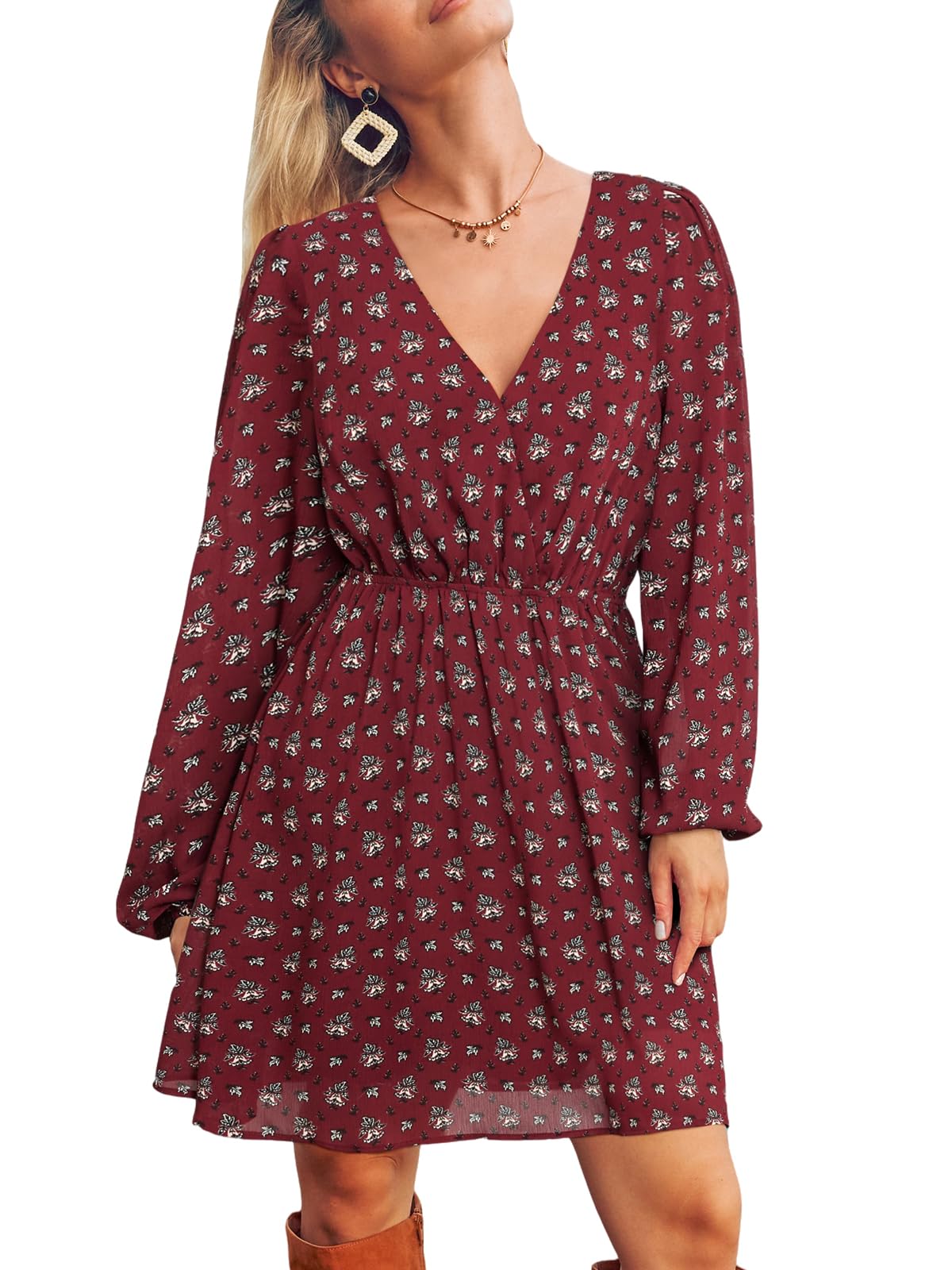 Nerina Robe Cupshe Dame – V-hals Cache-Cœur Blomstret, Lange Ærmer & Elegant Mini Skæring