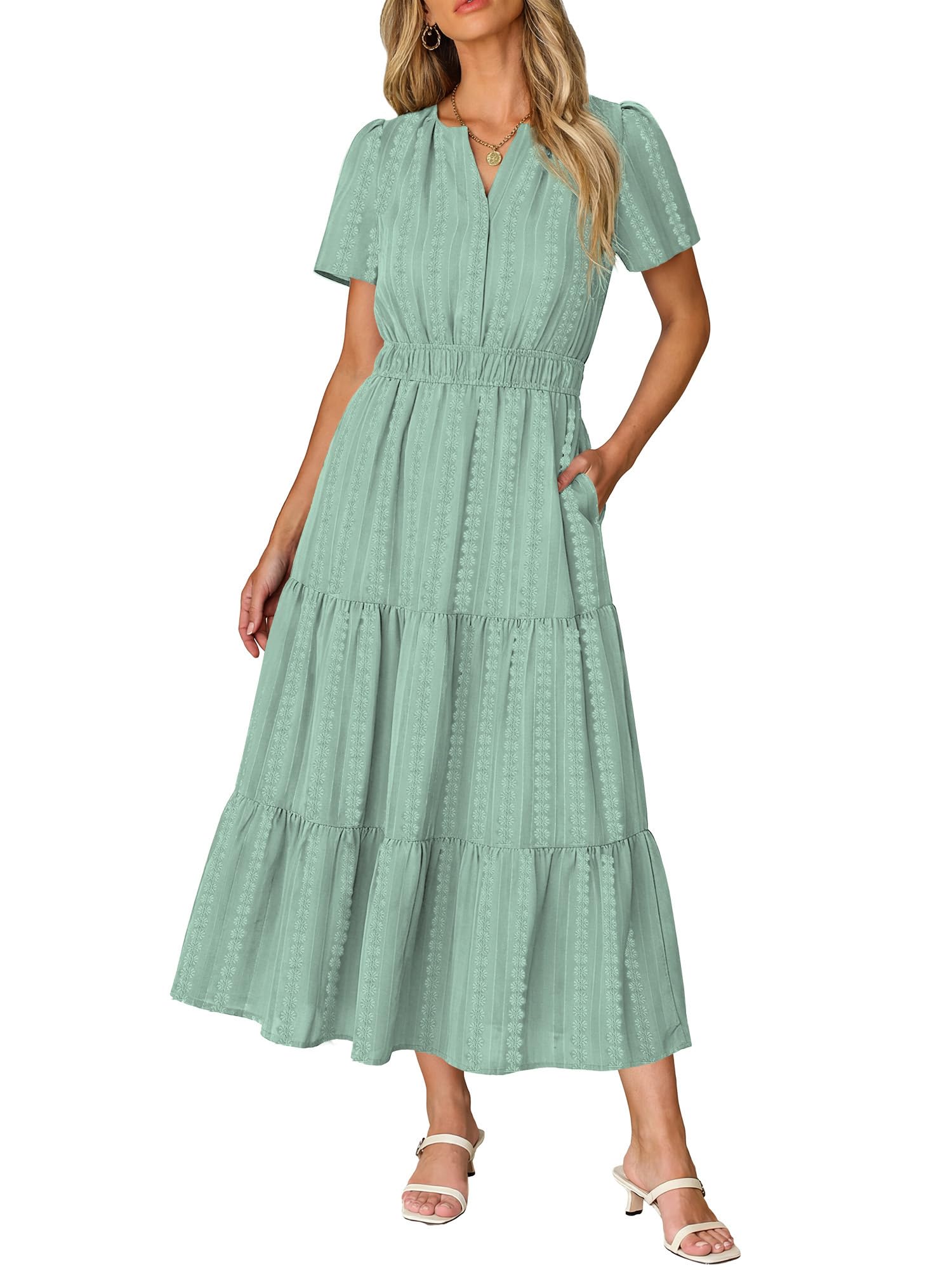 Ruma Damesjurk – V-hals, Korte Mouwen, A-lijn Maxi & Elastische Taille met Zakjes