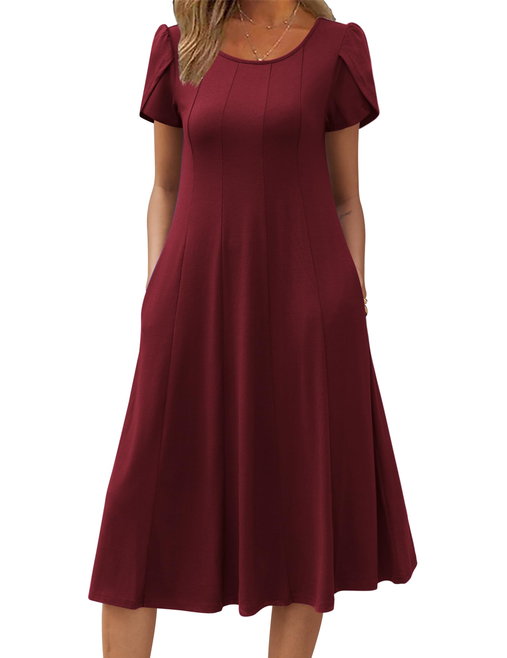 Wella Robe Femme – Rochie de vară cu guler rotund, mâneci scurte, croială evazată midi și buzunare