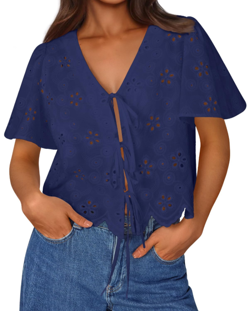 Liora Top Femme Été – Boemska pamučna bluza s engleskom vezom i mašnom, šik stil za plažu
