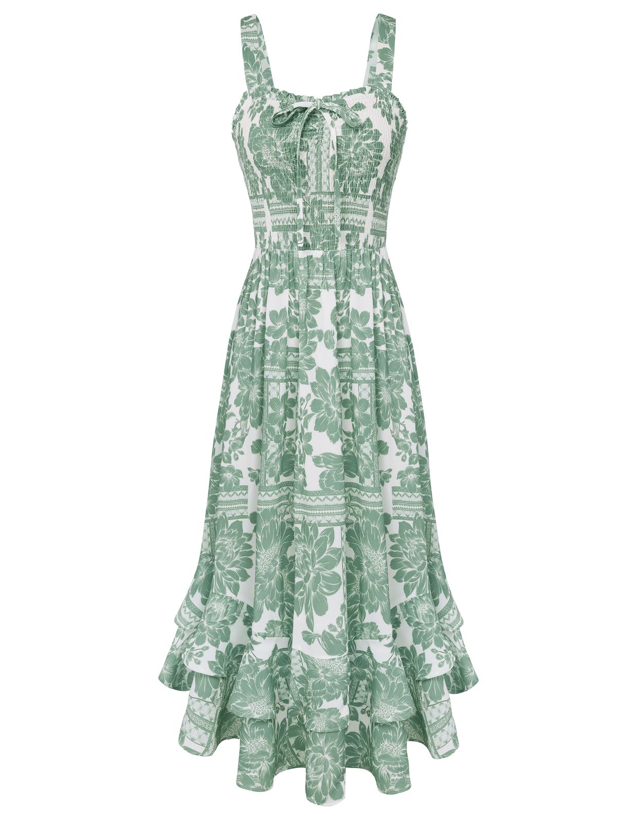Mildred Women's Maxi Dress – Square Neck, Straps, Smocked A-Line Cut & Ruffled Hem Summer