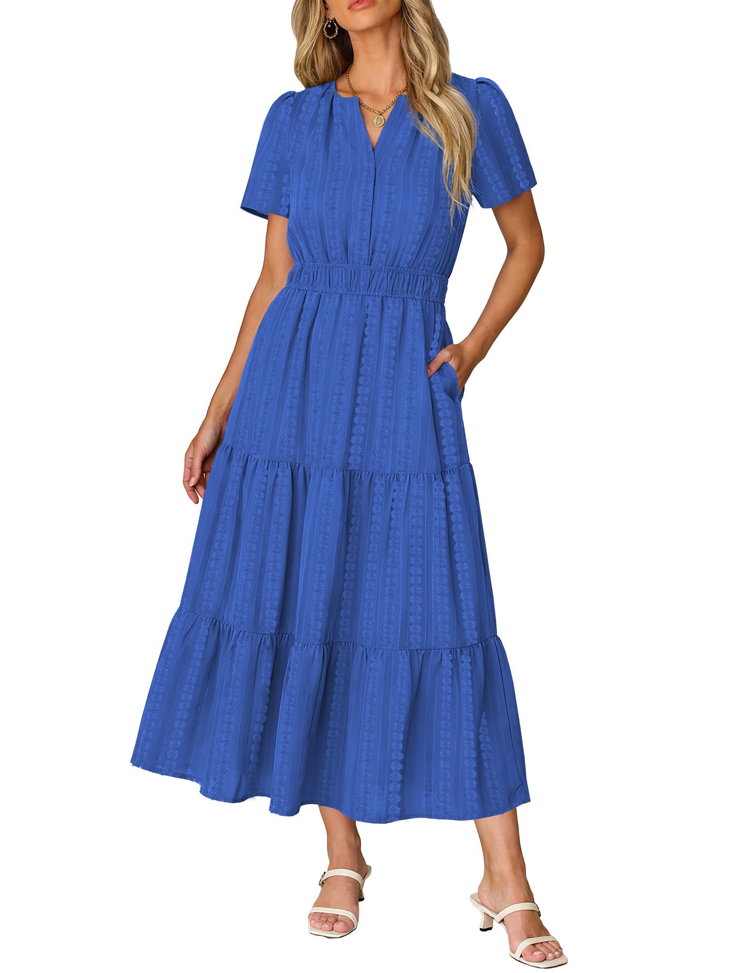Ruma Damesjurk – V-hals, Korte Mouwen, A-lijn Maxi & Elastische Taille met Zakjes