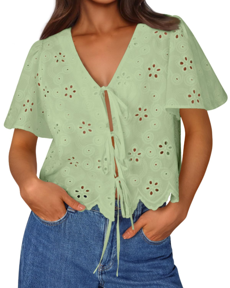 Liora Top Femme Été – Boemska pamučna bluza s engleskom vezom i mašnom, šik stil za plažu