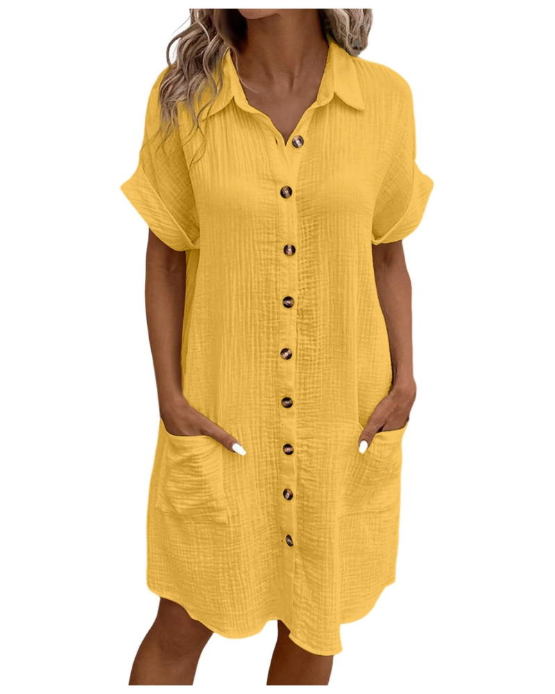 Vestido Yvette para mujer – Vestido camisa con cuello en V abotonado con bolsillos, corte fluido, estilo bohemio chic